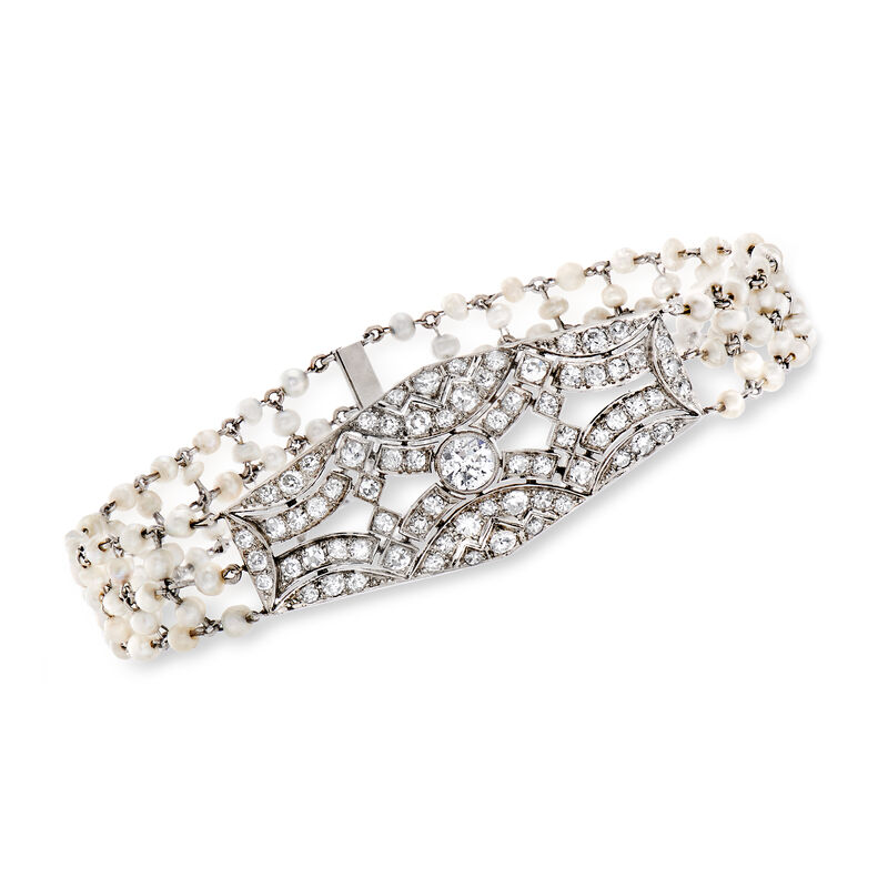 C. 1950 Vintage Seed Pearl and 2.60 ct. t.w. Diamond Bracelet in Platinum image number 0