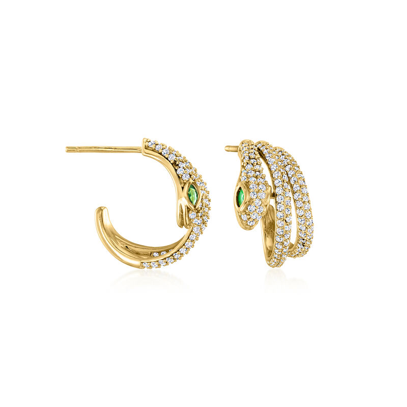 1.10 ct. t.w. CZ and .20 ct. t.w. Simulated Emerald Snake C-Hoop Earrings in 18kt Gold Over Sterling. 1/2&quot; image number 2