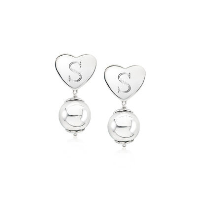 Italian Sterling Silver Personalized Heart and 10mm Ball Drop Earrings