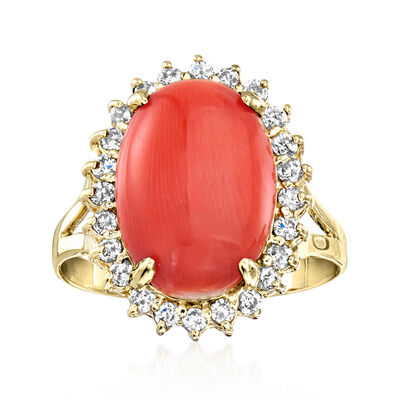 C. 1990 Vintage Coral Ring with .60 ct. t.w. Diamonds in 14kt Yellow Gold