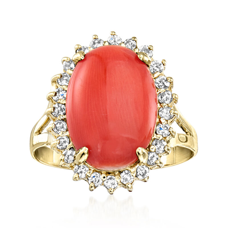 C. 1990 Vintage Coral Ring with .60 ct. t.w. Diamonds in 14kt Yellow Gold. Size 7 image number 0