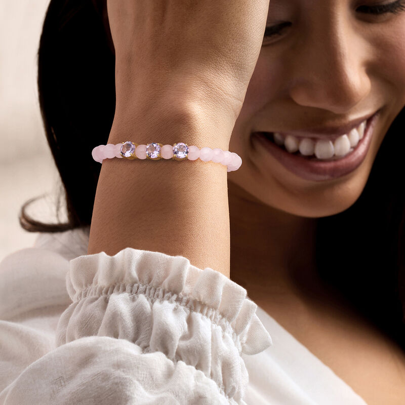 45.00 ct. t.w. Rose Quartz Bead Stretch Bracelet with 3.50 ct. t.w. Amethysts in 18kt Gold Over Sterling image number 1