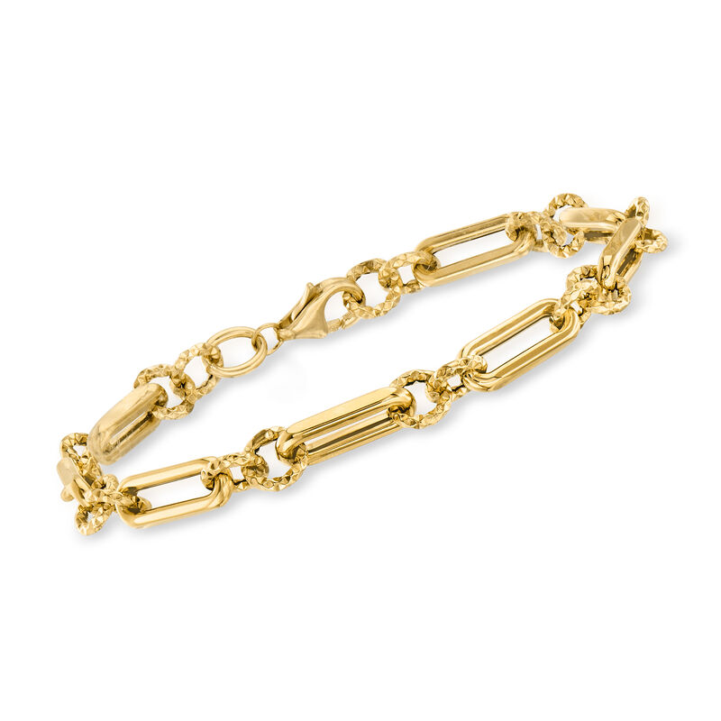 Italian 18kt Yellow Gold Alternating Cable and Paper Clip Link Bracelet