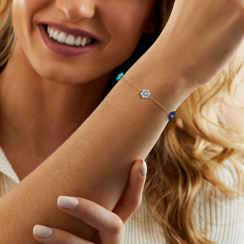 Lapis, Turquoise and .90 ct. t.w. Aquamarine Bead Flower Station Bracelet in 14kt Yellow Gold image number 1