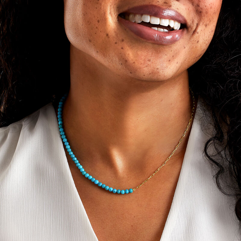 4-4.5mm Turquoise Bead and 14kt Yellow Gold Paper Clip Link Necklace image number 2