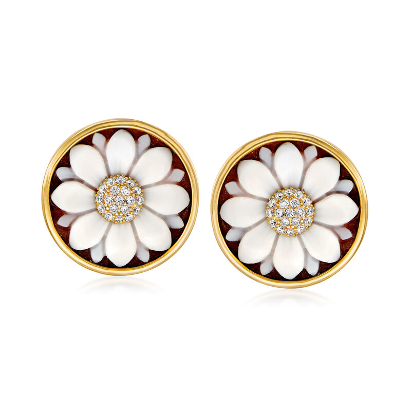 Italian Cameo Flower Earring Jackets with .20 ct. t.w. CZ Cluster Stud Earrings in 18kt Gold Over Sterling image number 0