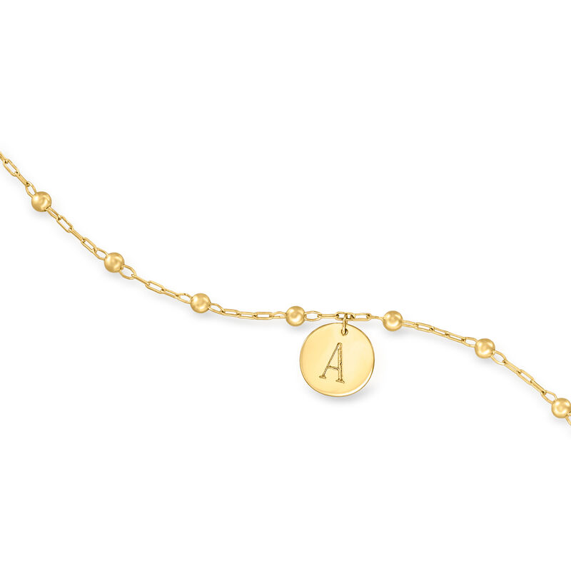 Italian 14kt Yellow Gold Personalized Disc Charm Bead Station Anklet image number 3