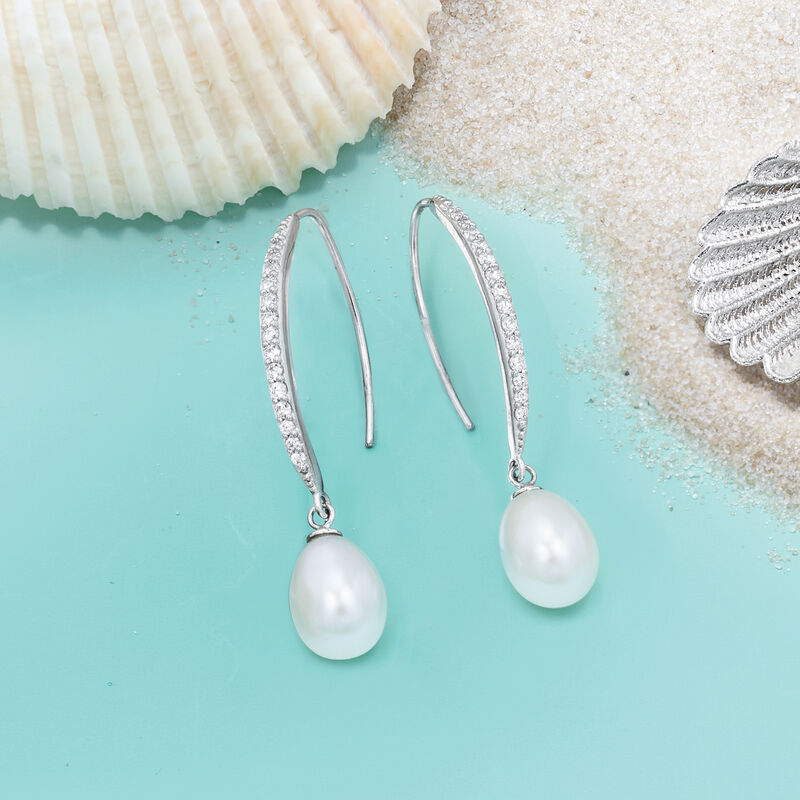 8x10mm Cultured Pearl and .38 ct. t.w. CZ Drop Earrings in Sterling Silver image number 3