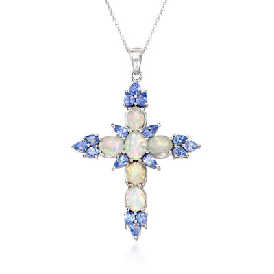 Ethiopian Opal and 1.90 ct. t.w. Tanzanite Cross Pendant Necklace in Sterling Silver