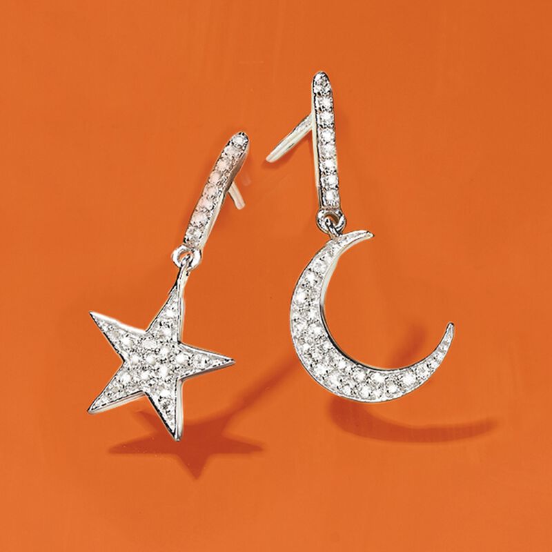 .29 ct. t.w. White Topaz Star and Moon Mismatched Drop Earrings in Sterling Silver. 3/4&quot; image number 4