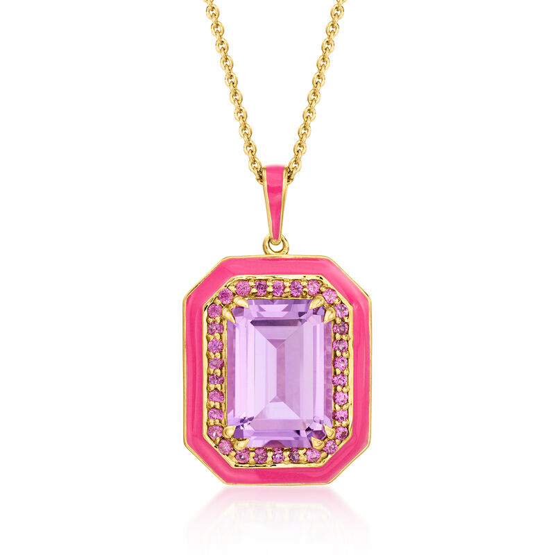 6.25 Carat Amethyst and .60 ct. t.w. Rhodolite Garnet Pendant Necklace with Pink Enamel in 18kt Gold Over Sterling. 18&quot; image number 0