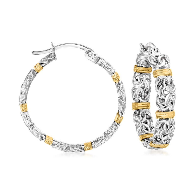 Sterling Silver and 14kt Yellow Gold Byzantine Station Hoop Earrings. 1&quot; image number 0