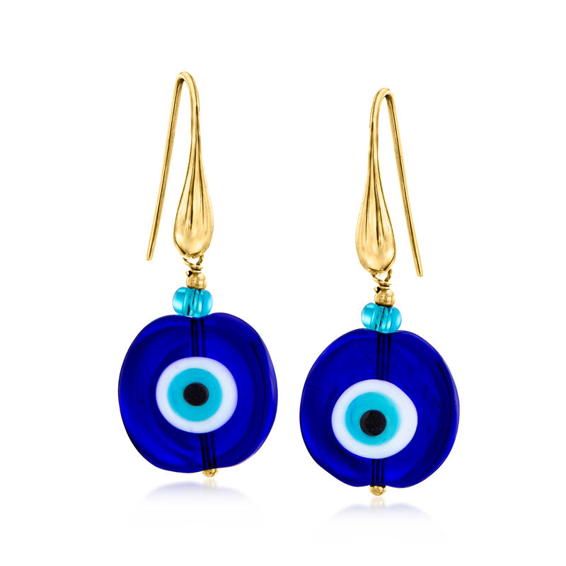 Italian Tonal Blue Murano Glass Evil Eye Drop Earrings with 18kt Gold Over Sterling  image number 0