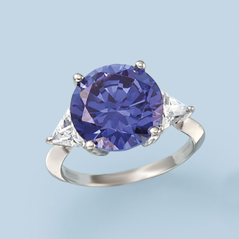 6.25 Carat Simulated Sapphire and 1.50 ct. t.w. CZ Ring in Sterling Silver image number 3