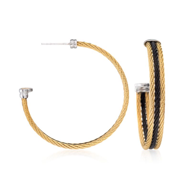 ALOR &quot;Noir&quot; Yellow and Black Stainless Steel Cable Hoop Earrings with 18kt White Gold. 1 5/8&quot; image number 0
