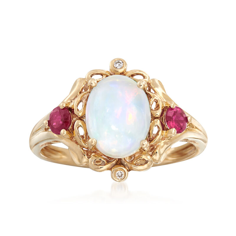 Opal and .20 ct. t.w. Ruby Ring with Diamond Accents in 14kt Yellow Gold image number 0