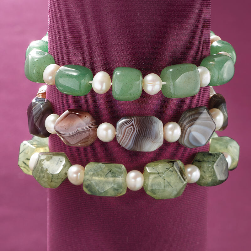 Multi-Stone and 6-6.5mm Cultured Pearl Jewelry Set: Three Stretch Bracelets image number 2
