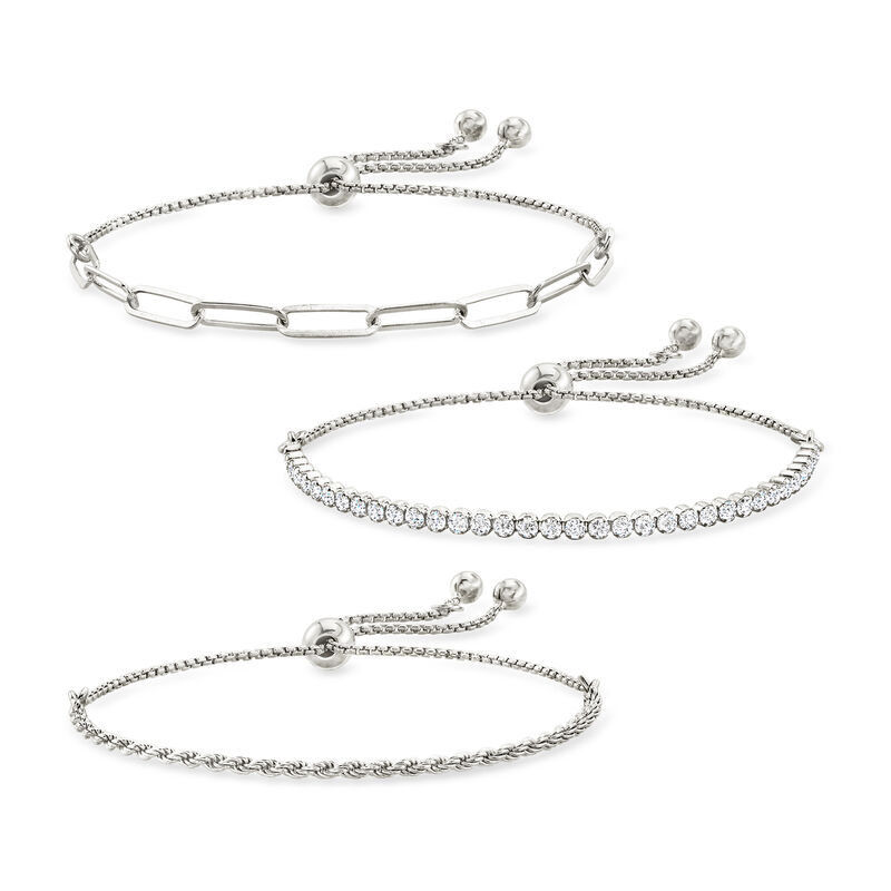 Italian Sterling Silver and 1.58 ct. t.w. CZ Jewelry Set: Three Bolo Bracelets  image number 0