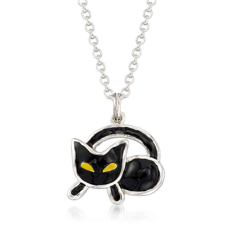 Black and Yellow Enamel Cat Pendant Necklace in Sterling Silver image number 0