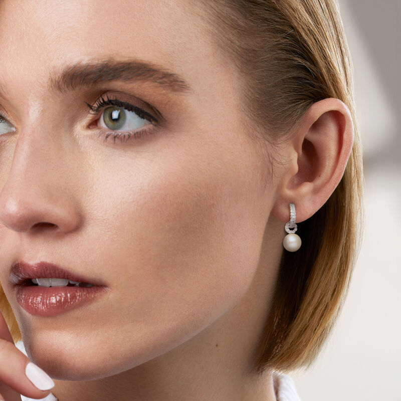 8-8.5mm Cultured Pearl and .50 ct. t.w. CZ Huggie Hoop Drop Earrings in Sterling Silver image number 1