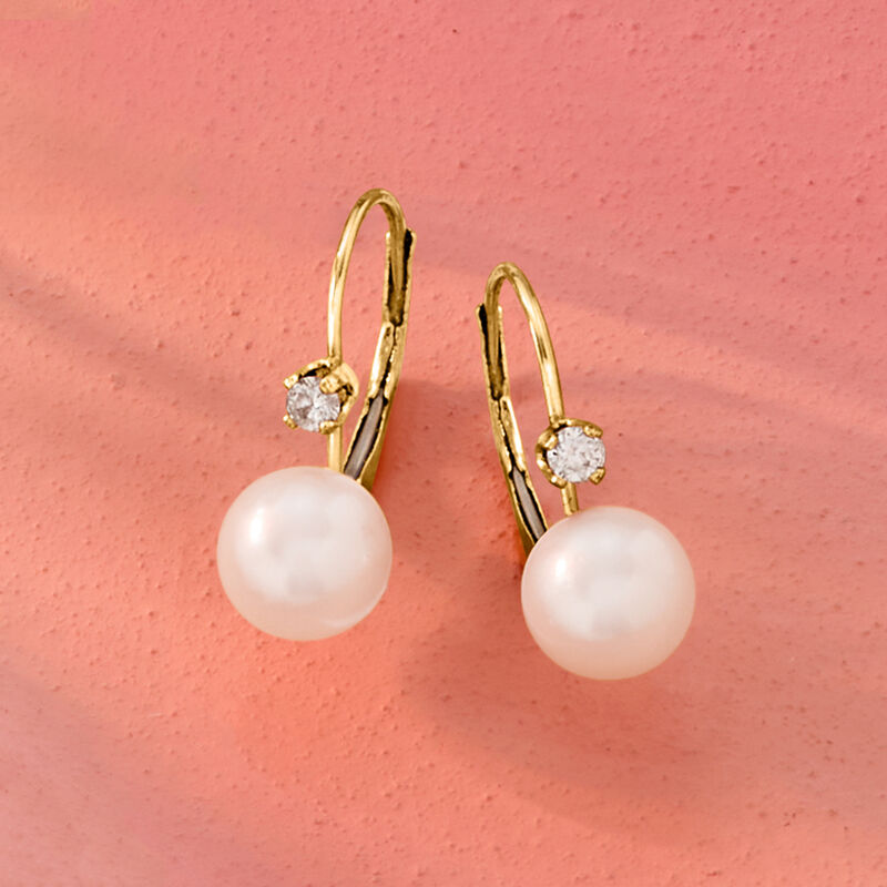7-7.5mm Cultured Akoya Pearl Drop Earrings with .10 ct. t.w. Diamonds in 14kt Yellow Gold  image number 4