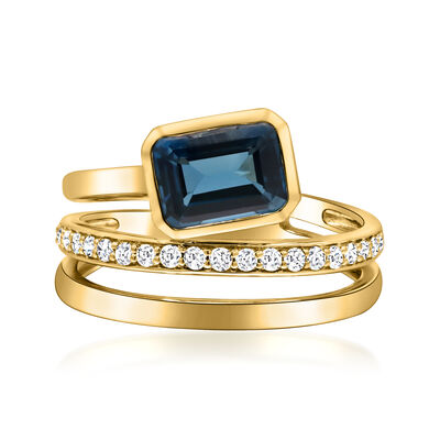 1.90 Carat London Blue Topaz and .21 ct. t.w. Diamond Three-Row Ring in 14kt Yellow Gold
