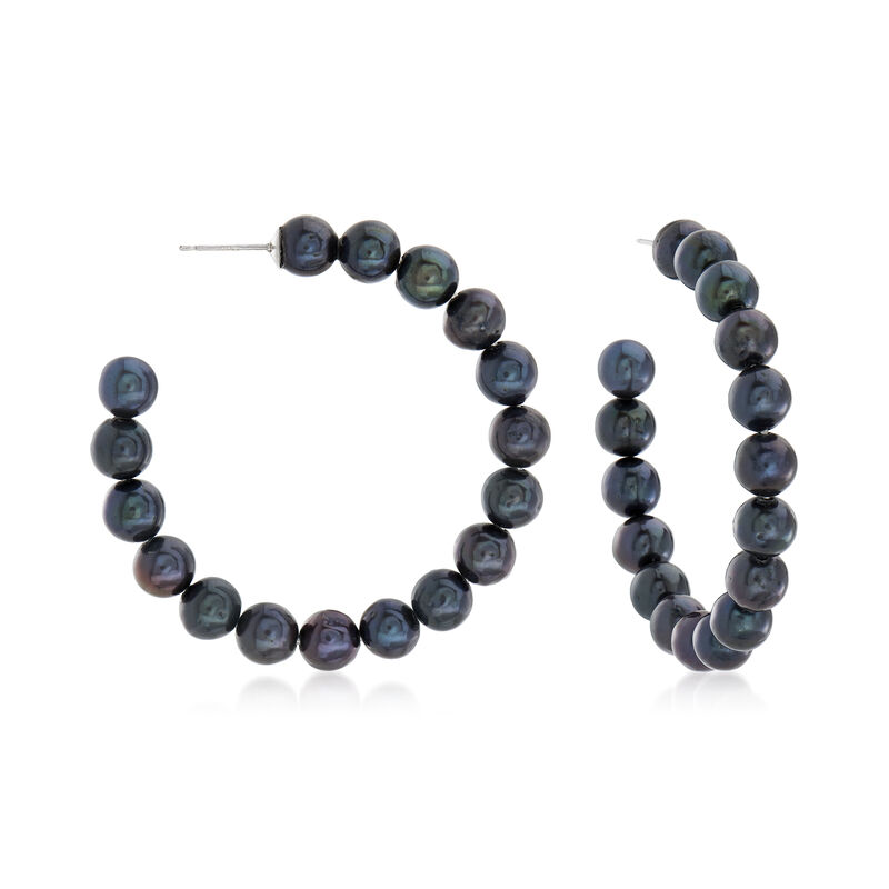 6-7mm Black Cultured Pearl Hoop Earrings in Sterling Silver image number 0