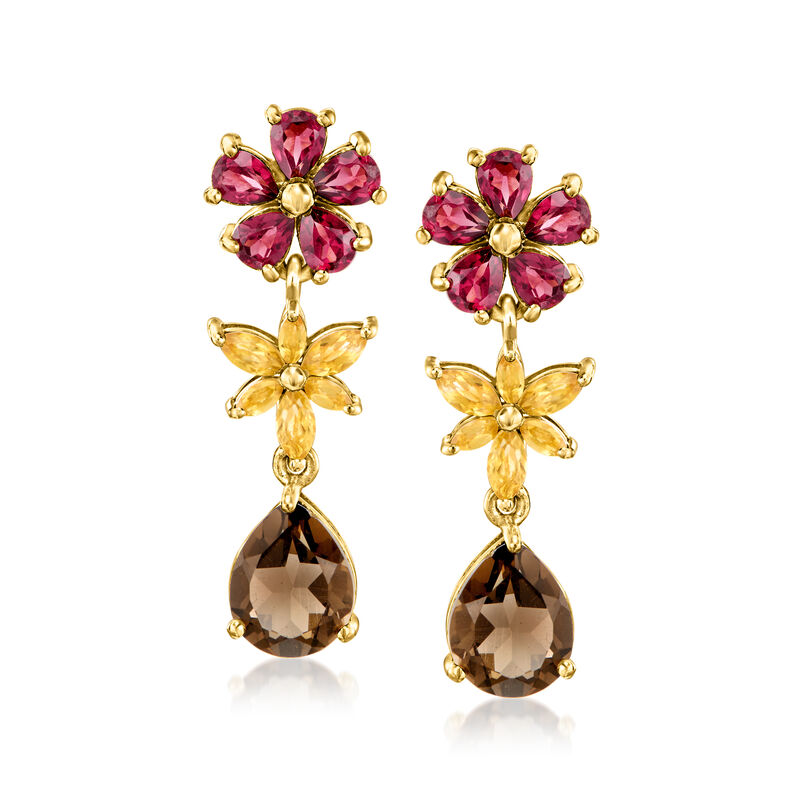 2.80 ct. t.w. Smoky Quartz and 2.00 ct. t.w. Rhodolite Garnet Flower Drop Earrings with .60 ct. t.w. Citrines in 18kt Gold Over Sterling  image number 0