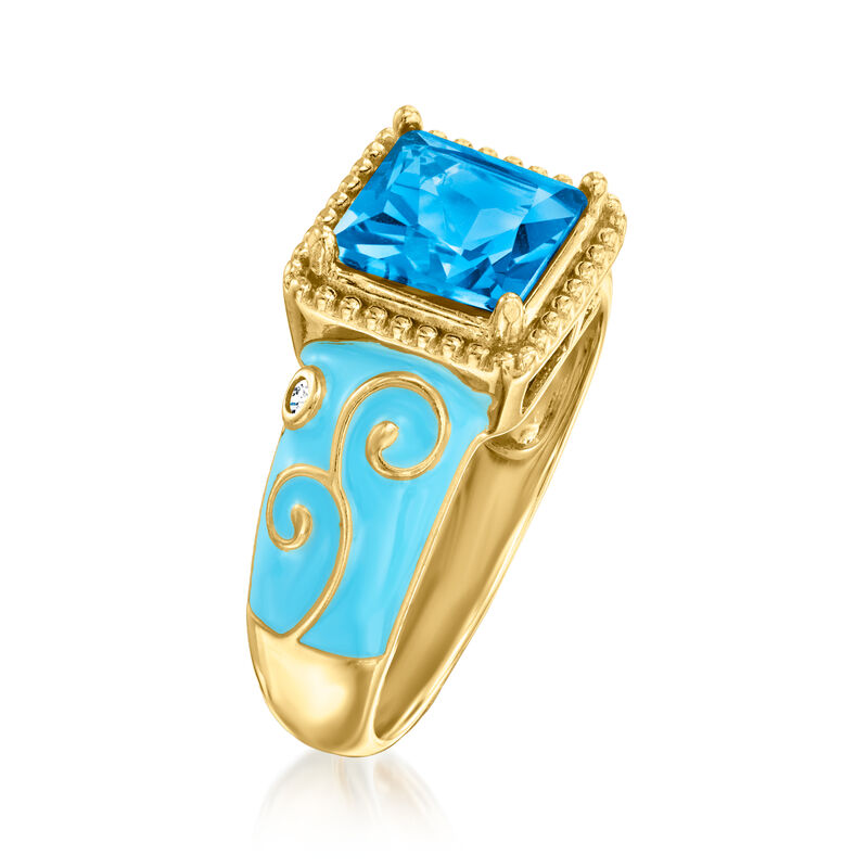 2.00 Carat London Blue Topaz Ring with White Topaz Accents and Blue Enamel in 18kt Gold Over Sterling image number 2