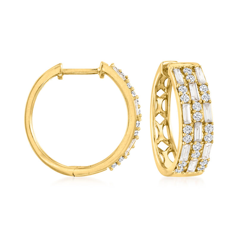 1.00 ct. t.w. Baguette and Round Diamond Hoop Earrings in 14kt Yellow Gold. 5/8&quot; image number 0