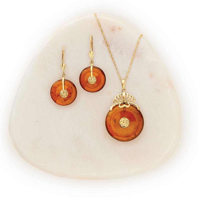 22mm Amber Chinese &quot;Fortune&quot; Symbol Pendant in 14kt Yellow Gold image number 3