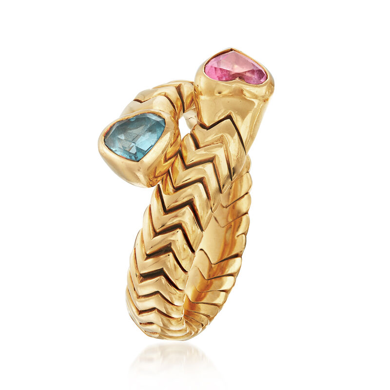 C. 1990 Vintage Bulgari .60 Carat Blue Topaz and .50 Carat Pink Tourmaline Heart Bypass Ring in 18kt Yellow Gold. Size 7.5 image number 2