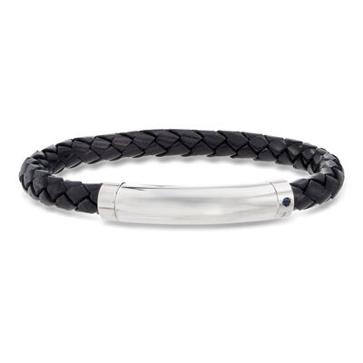 Phillip Gavriel Men's Black Leather and Sterling Silver Bracelet with Single Sapphire and Magnetic Clasp