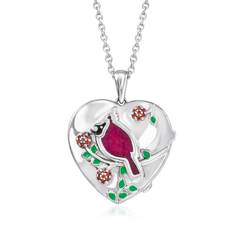 3.70 Carat Ruby and .10 ct. t.w. Garnet Cardinal Floral Locket Necklace with Multicolored Enamel in Sterling Silver. 18" image number 1