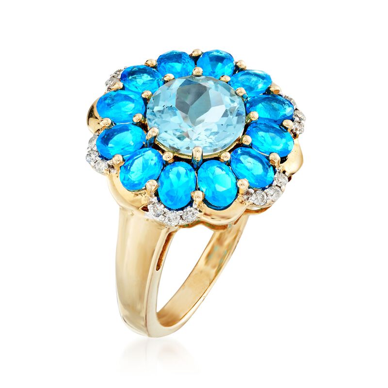 2.30 Carat Sky Blue Topaz and 2.10 ct. t.w. Neon Blue Apatite Ring with Diamonds in 14kt Yellow Gold image number 2