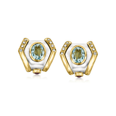 C. 1980 Vintage 4.00 ct. t.w. Sky Blue Topaz and .30 ct. t.w. Ruby Geometric Earrings with .25 ct. t.w. Diamonds in 18kt Two-Tone Gold