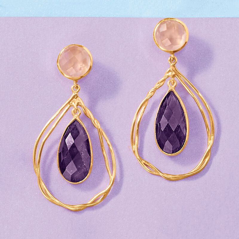 10.00 ct. t.w. Amethyst and Rose Quartz Drop Earrings in 18kt Gold Over Sterling image number 2