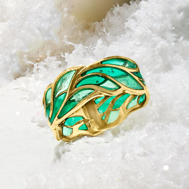 Italian Green Enamel Leaf Ring in 14kt Yellow Gold image number 3