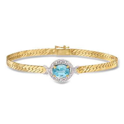 C. 1990 Vintage 2.50 Carat Swiss Blue Topaz and .10 ct. t.w. Diamond Bracelet in 14kt Two-Tone Gold