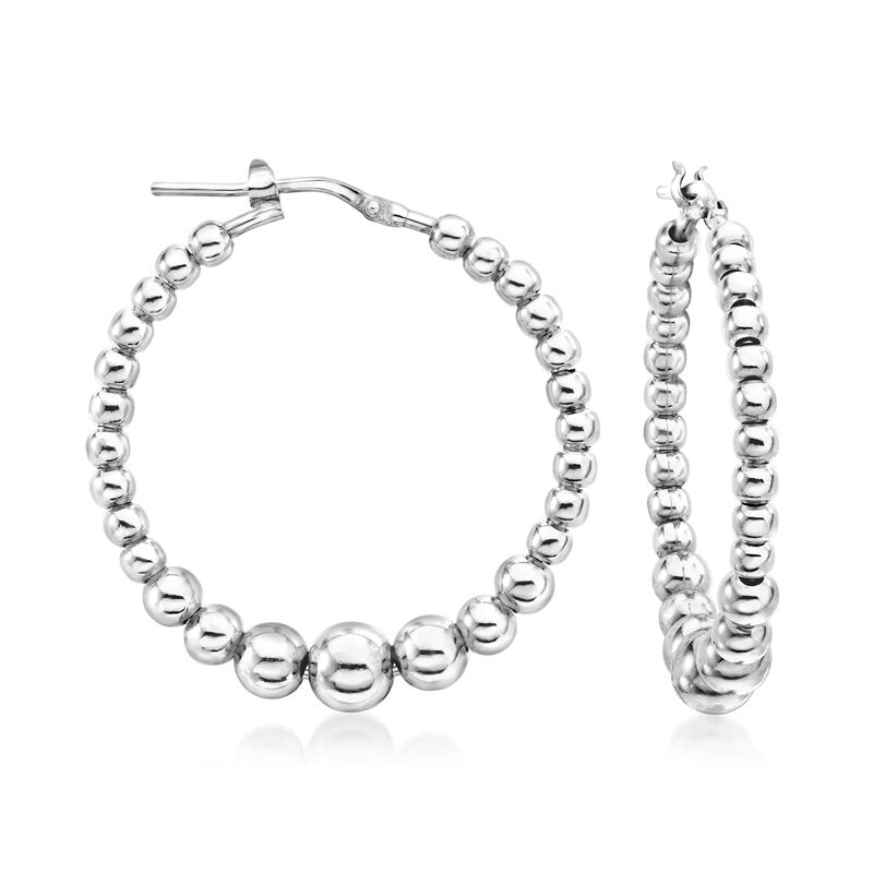Italian 3-6mm Sterling Silver Graduated Bead Hoop Earrings. 1 3/8&quot; image number 0