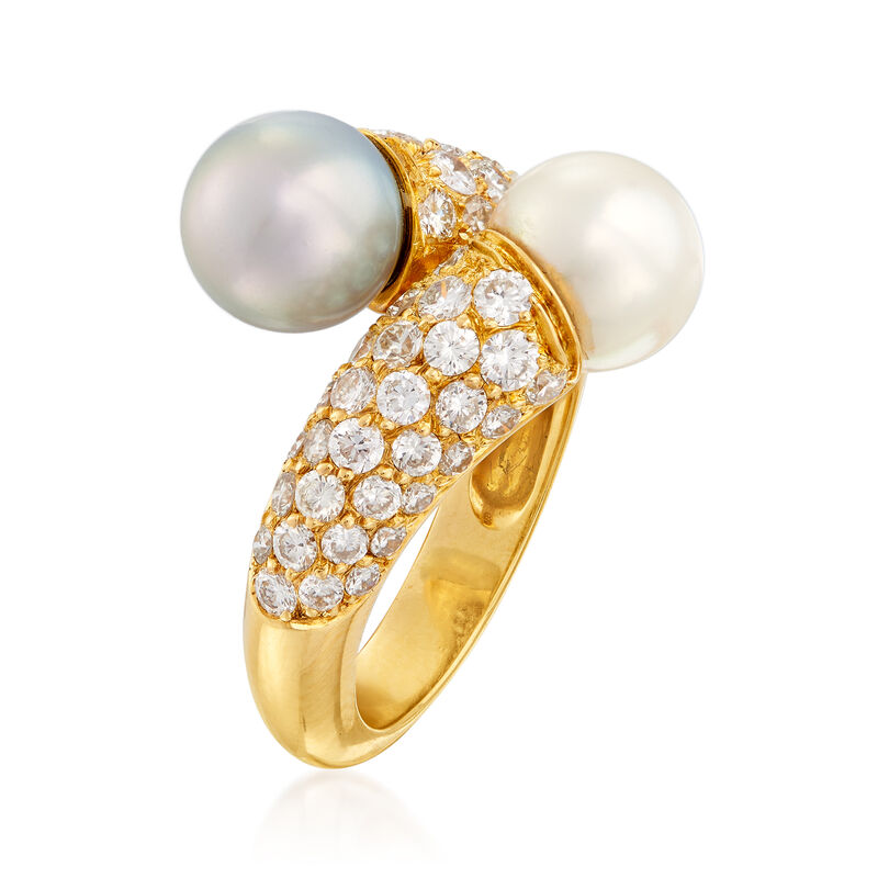 C. 1980 Vintage Van Cleef 8mm White and Black Cultured Pearl and 1.62 ct. t.w. Diamond Bypass Ring in 18kt Yellow Gold. Size 6 image number 2