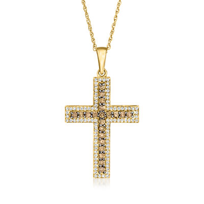 .70 ct. t.w. Brown and White Diamond Cross Pendant Necklace in 18kt Gold Over Sterling