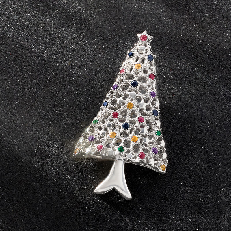 .80 ct. t.w. Multi-Gemstone Christmas Tree Pin in Sterling Silver  image number 2
