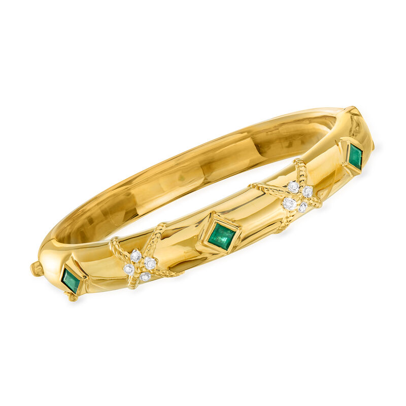 .90 ct. t.w. Emerald Bangle Bracelet in 14kt Yellow Gold with Diamond Accents. 7&quot; image number 0