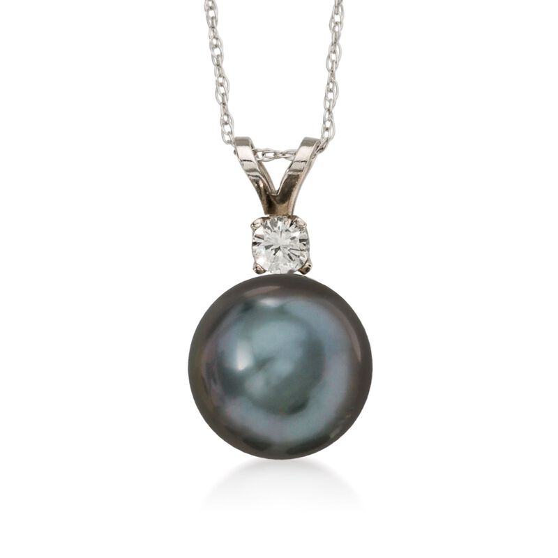 9-10mm Black Cultured Tahitian Pearl Necklace with .10 Carat Diamond in 14kt White Gold image number 0