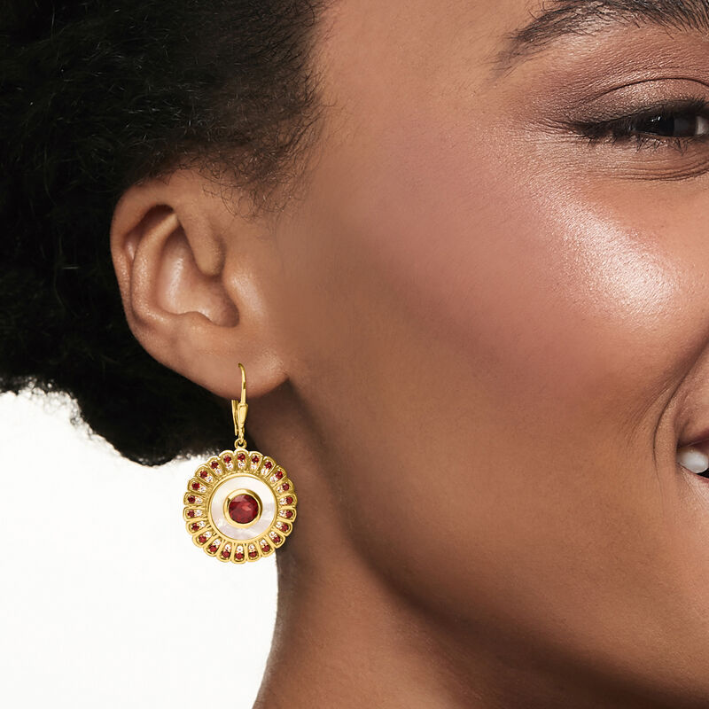 Mother-of-Pearl, 3.30 ct. t.w. Garnet and .50 ct. t.w. White Topaz Circle Drop Earrings in 18kt Gold Over Sterling  image number 1
