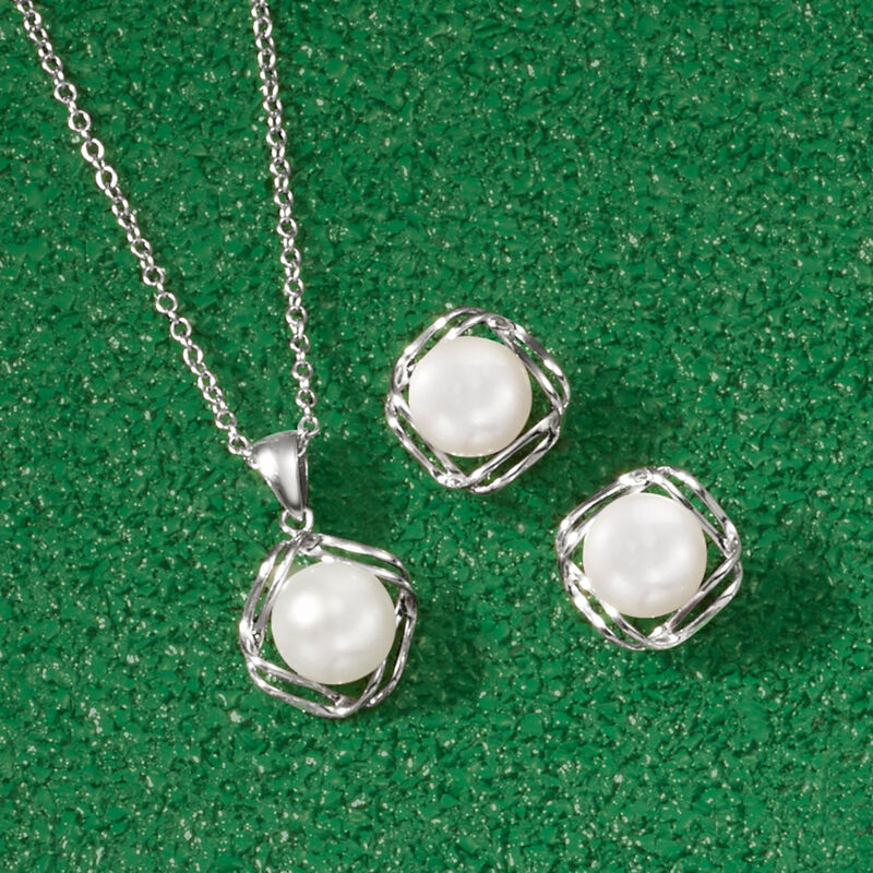 8-8.5mm Cultured Pearl Jewelry Set: Earrings and Pendant Necklace in Sterling Silver image number 5