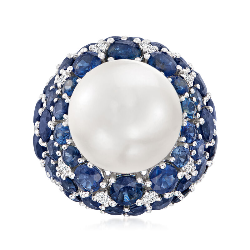 14-15mm Cultured South Sea Pearl and 10.00 ct. t.w. Sapphire Ring with .38 ct. t.w. Diamonds in 18kt White Gold image number 0