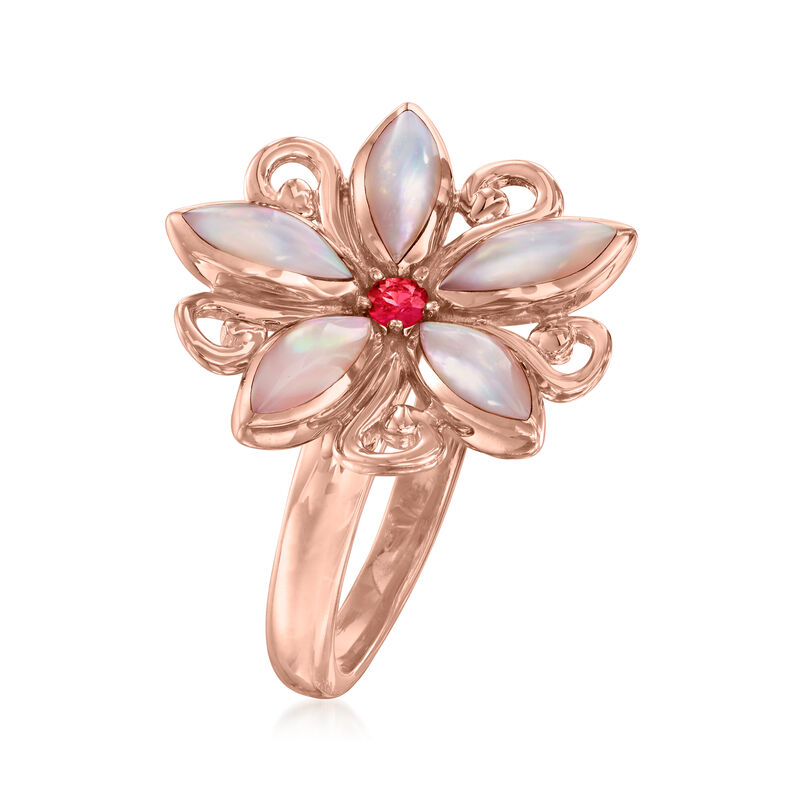 C. 1990 Vintage Kabana Mother-Of-Pearl and .10 Carat Ruby Flower Ring in 14kt Rose Gold image number 2