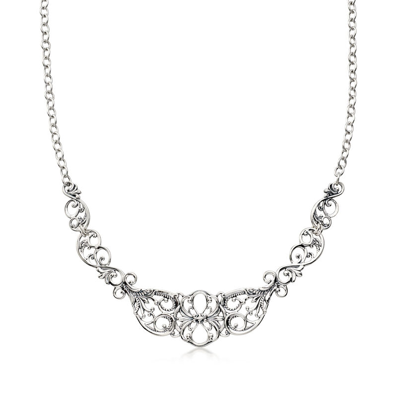 C. 1980 Vintage Sterling Silver Scrollwork Necklace. 16" image number 0